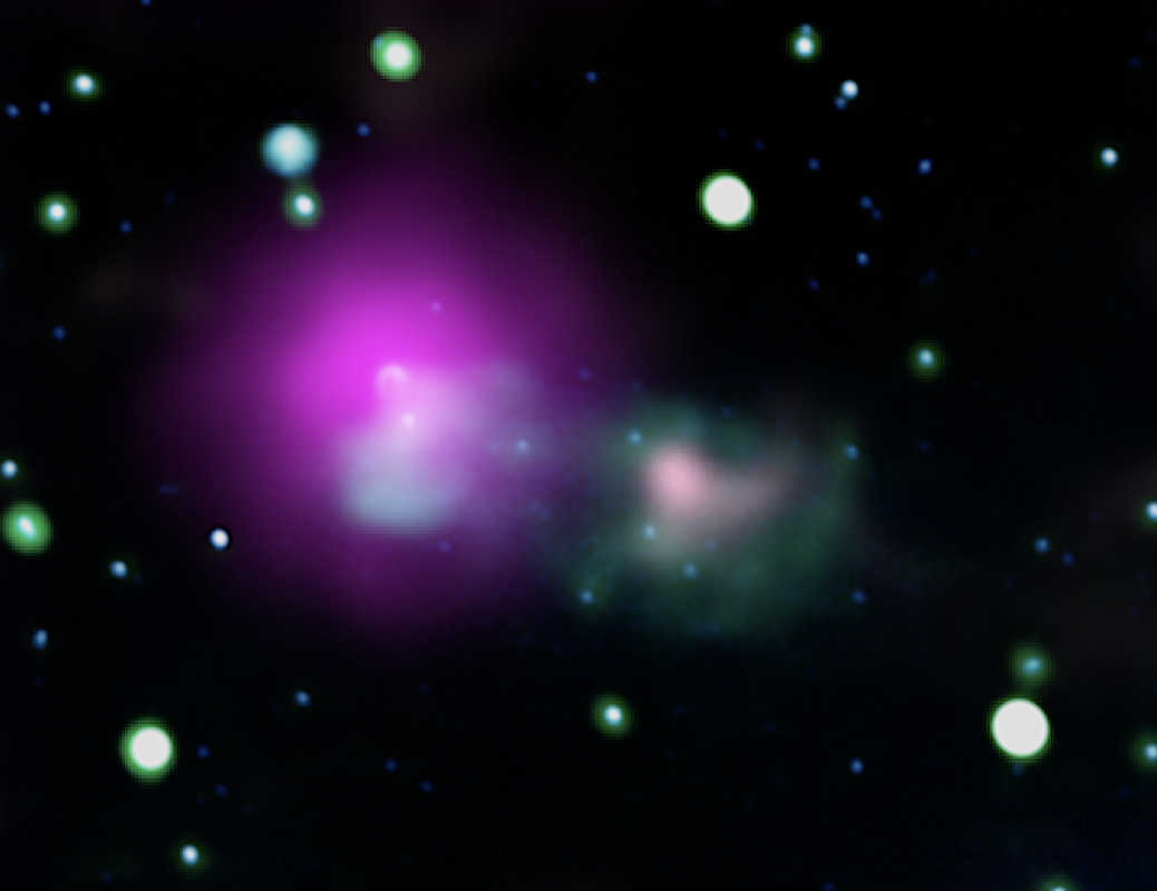 An image showing a newly discovered PeVatron (in pink) hosted by a supernova remnant (in green) called G106.3+2.7. The supernova remnant is believed to have formed together with the pulsar (in magenta) about 10,000 years ago. Particles accelerated by the shock waves of the supernova remnant interact with the gas in the interstellar medium, producing high-energy gamma-ray emission. Credit: Jayanne English, University of Manitoba, NASA/Fermi/Fang et al. 2022, and Canadian Galactic Plane Survey/DRAO.