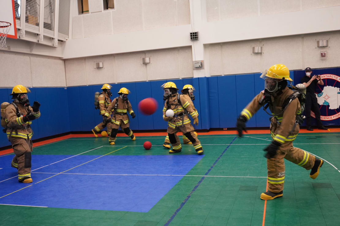 Group in full fireteam gear playing in the gym.