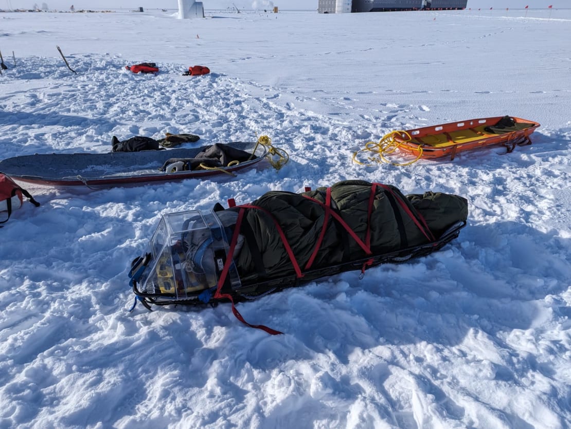 A sled rigged and wrapped for outdoor ERT training at the Pole.