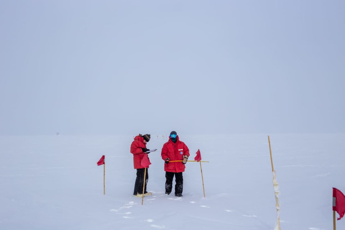 Two winterovers in red parkas working with flags out on the ice.