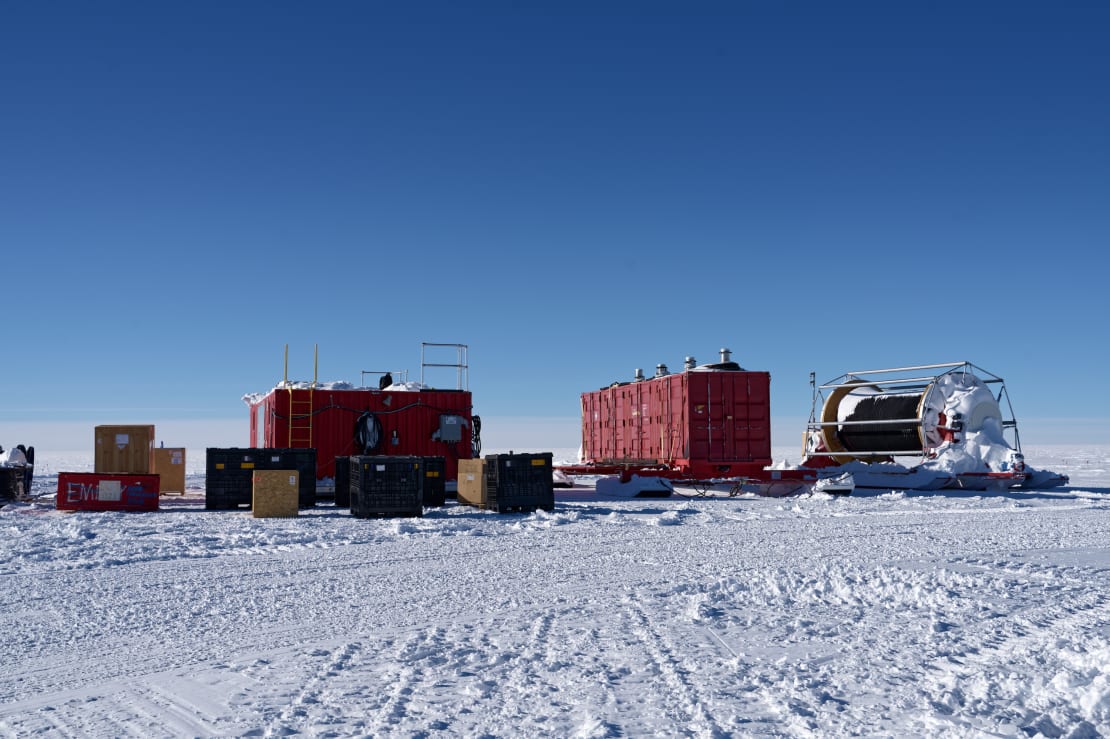 Drilling equipment for the IceCube Upgrade out on the ice.