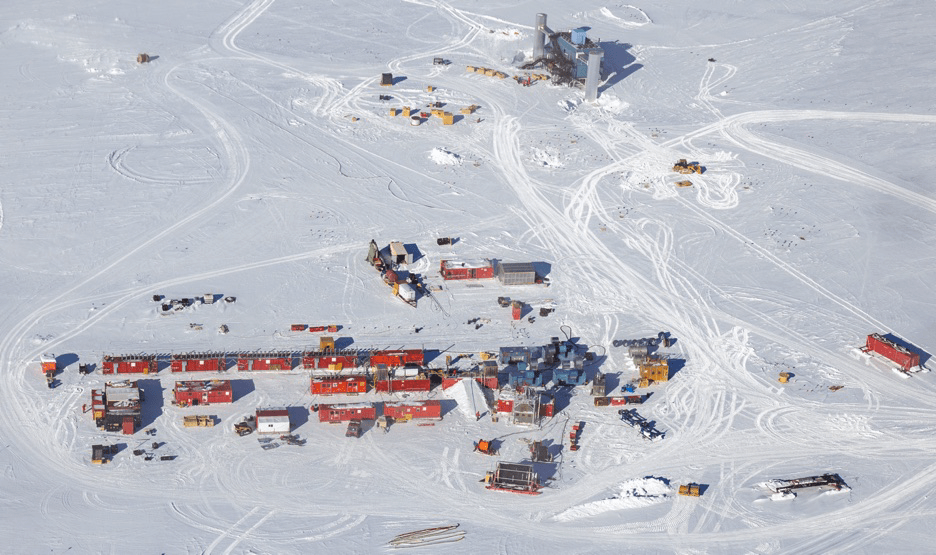 An aerial view of the IceCube Lab and drilling camp at the South Pole