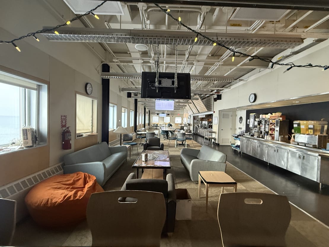 Long view of South Pole galley after being reorganized for the winter with a lounge on one end.