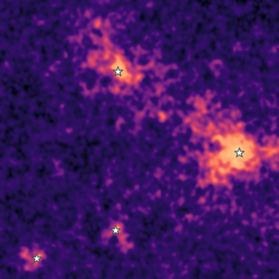 Significance map of the anti-Galactic plane region, showing Geminga and TeV halos used in the analysis (marked with stars).
