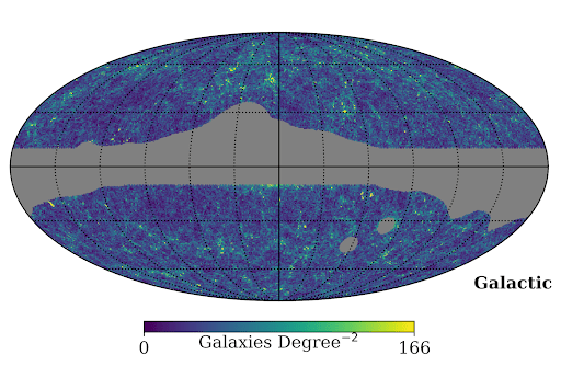The density of unWISE-2MASS galaxies in the sky. The gray region combines a ±10° region surrounding the galactic plane and a Planck dust map. The Large and Small Magellanic Clouds are masked as well. Credit: IceCube Collaboration
