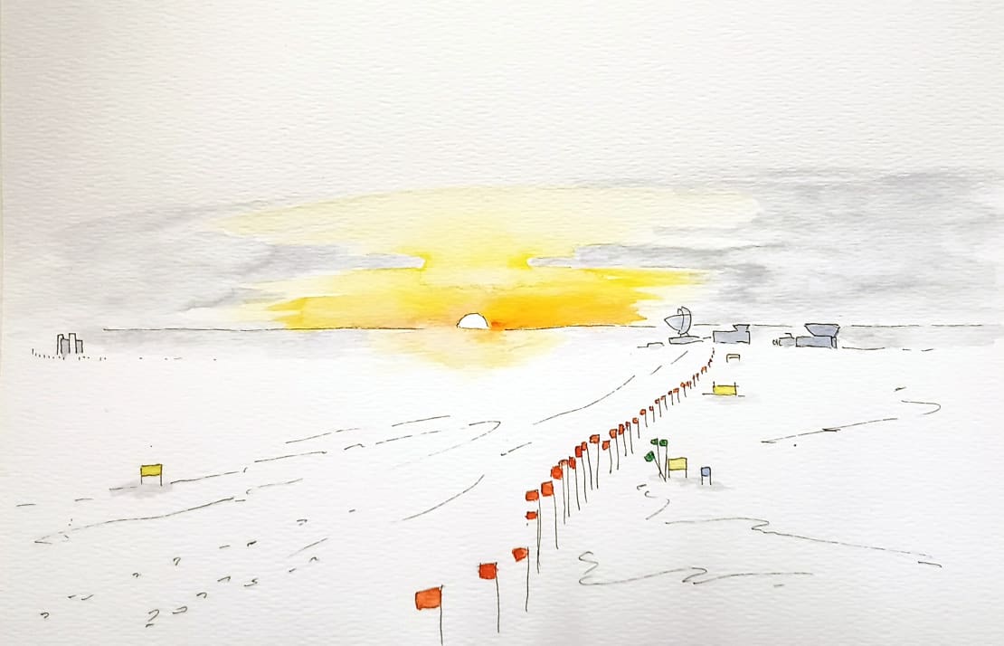 An ink and watercolor drawing of a sunset at the South Pole, including flag line to Dark Sector buildings.