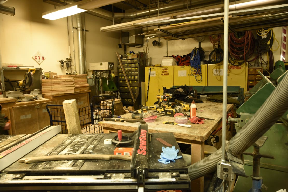View of interior of the carpenter’s workshop.
